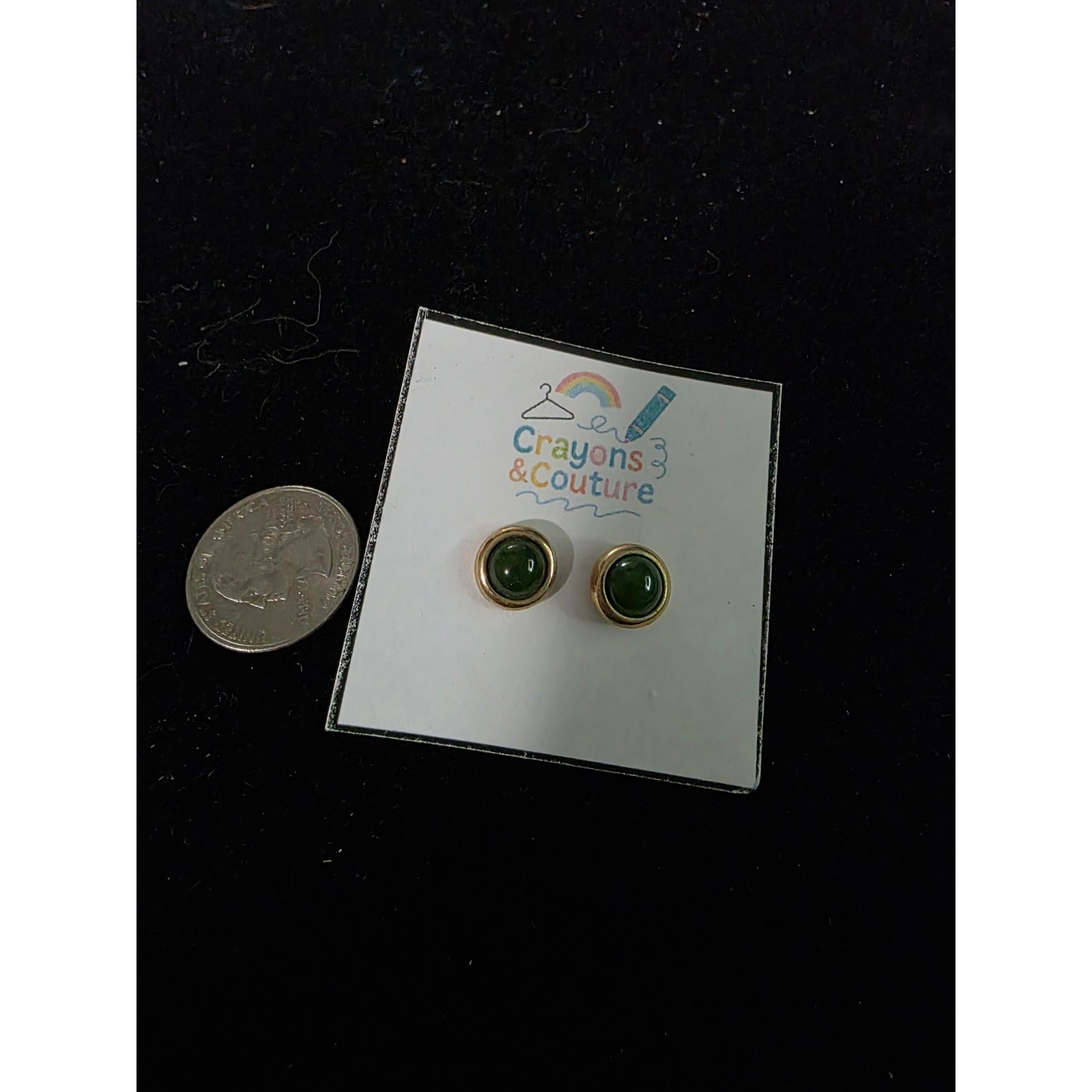 Vintage Earrings Goldtone w/Green Center Stud Pierced Minimalist GorpCore Daily