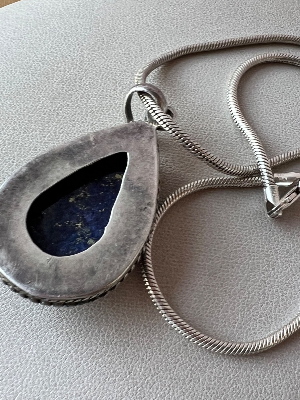 VINTAGE LARGE LAPIS LAZULI PENDANT THICK SNAKE CHAIN NECKLACE 925 STERLING SLVER