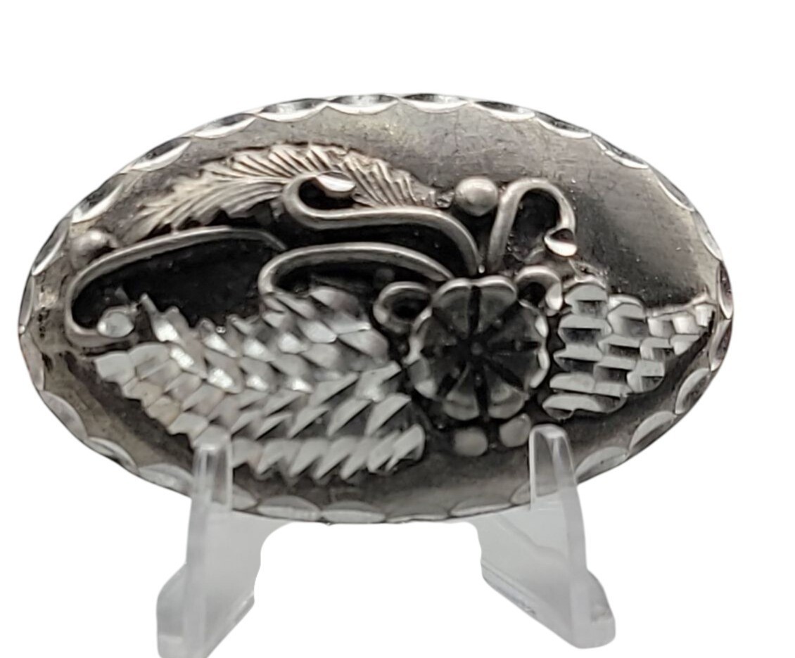Vtg Oval Floral Feather Brooch Silver Plated Unmarked South Western Design
