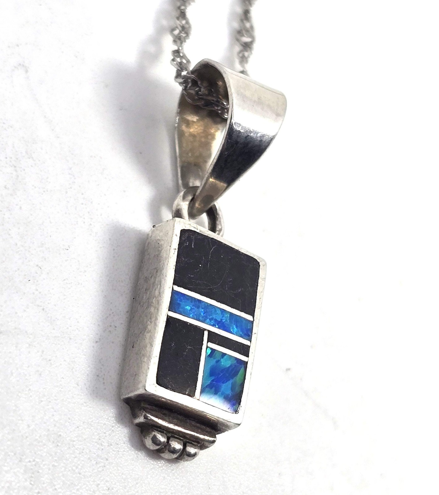 Native Sterling Silver blue fire opal Onyx Inlay Pendant necklace signed H
