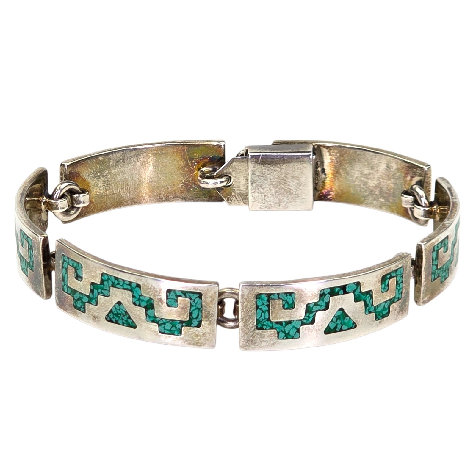 Vintage Signed Taxco Mexico Sterling Silver Turquoise Chip Inlay Link Bracelet