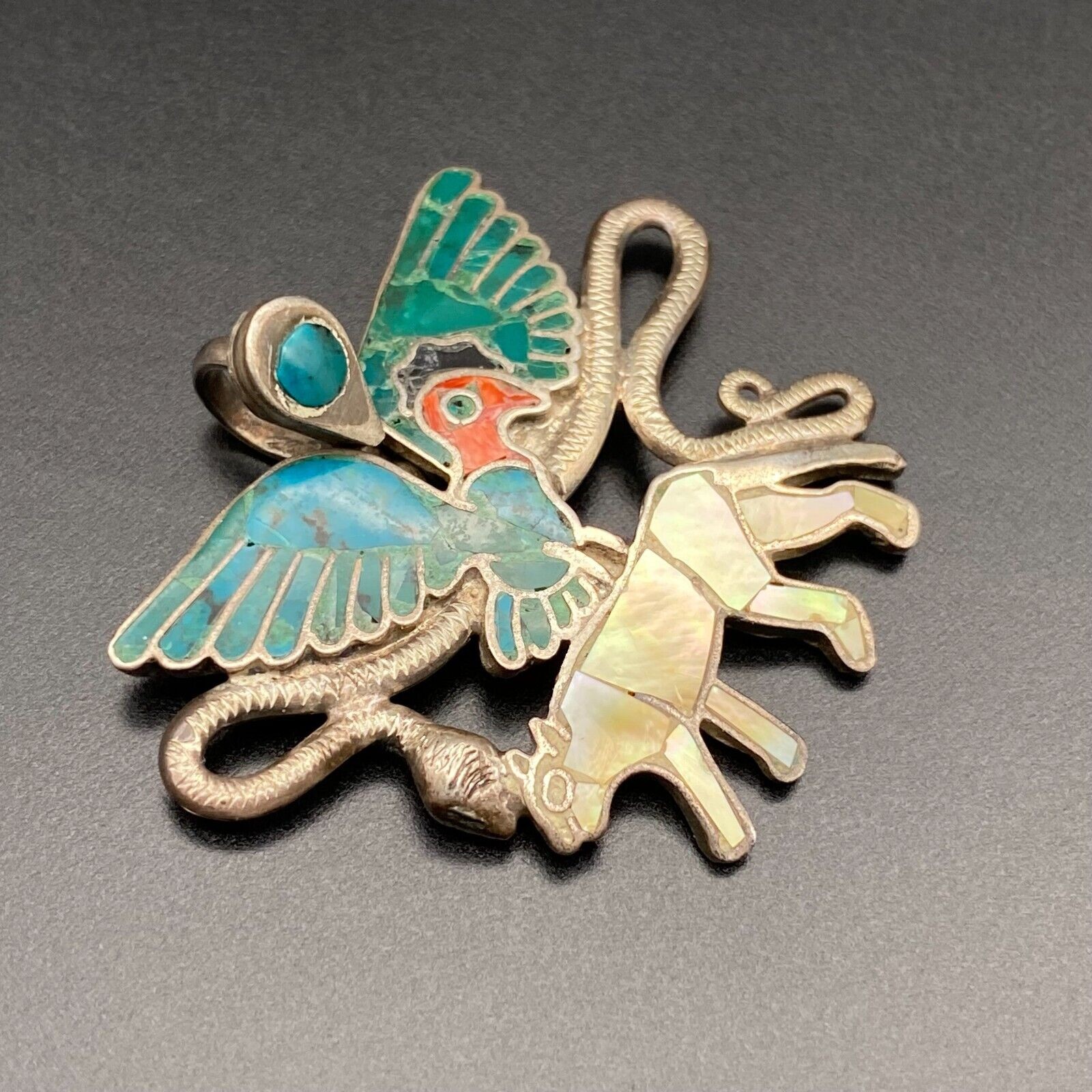Vintage Eagle Snake Jaguar Turquoise MOP Inlay 950 Sterling Silver Pendant