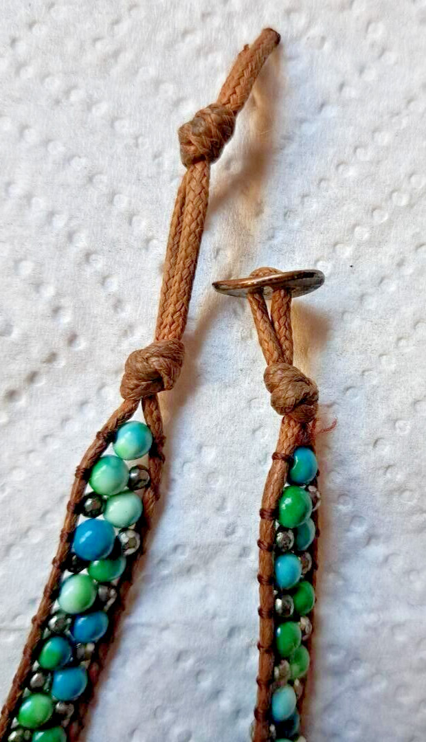 PRE-OWNED GREEN AND BLUE BEADED LEATHER CORD WRAPPED CHOKER – APPROX 12 1/2″