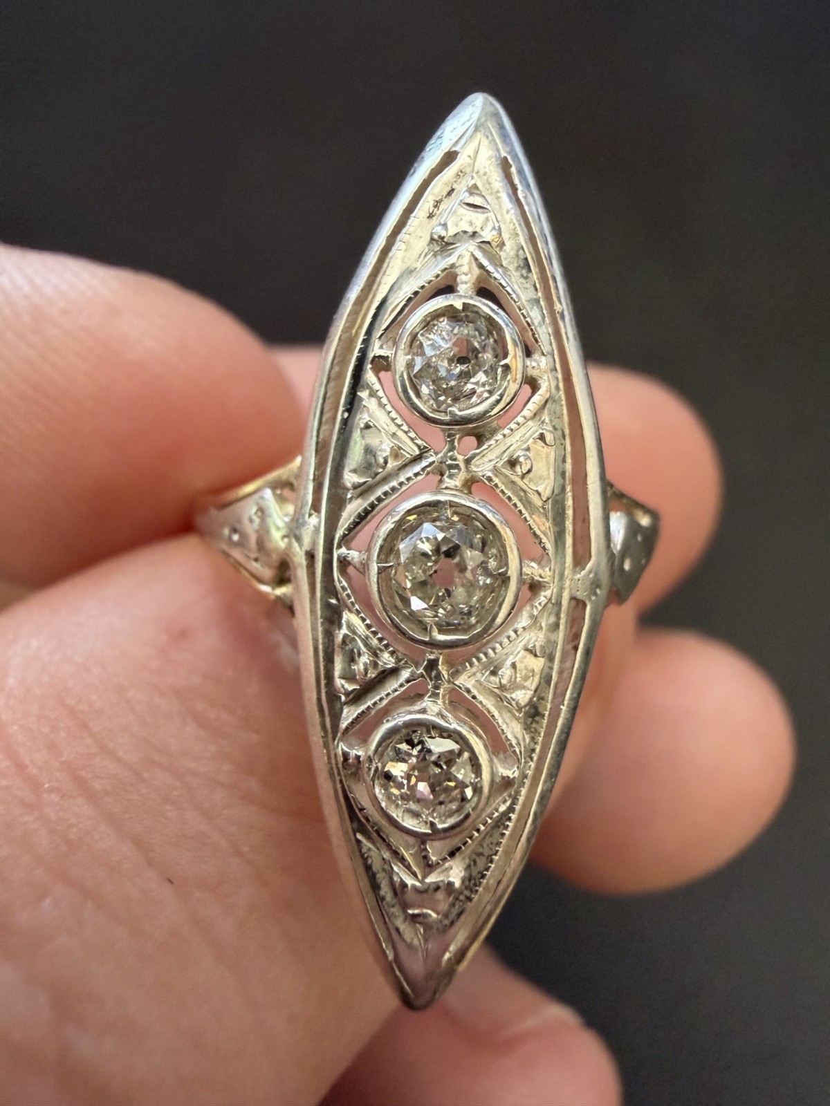 Antique Edwardian 12k Solid Gold Natural Old European Cut Ring Filigree Navette