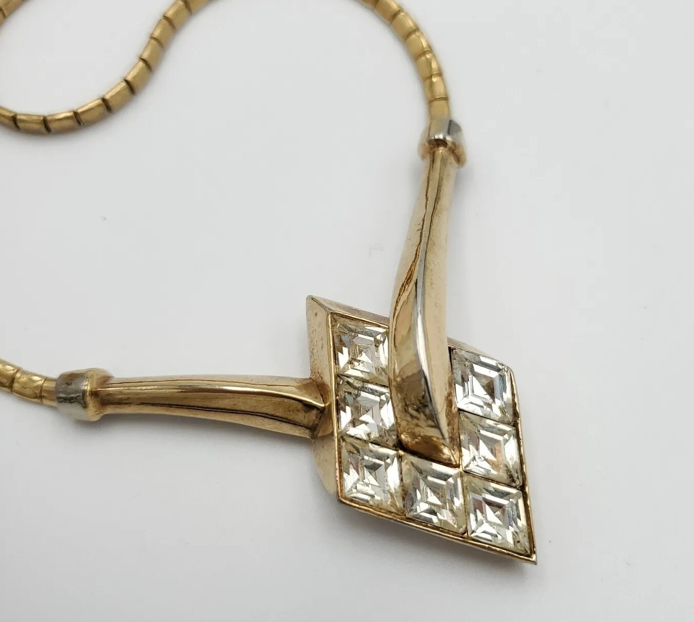 Trifari Alfred Philippe Gold Necklace Clear Rhinestone Lozenge Choker Channel