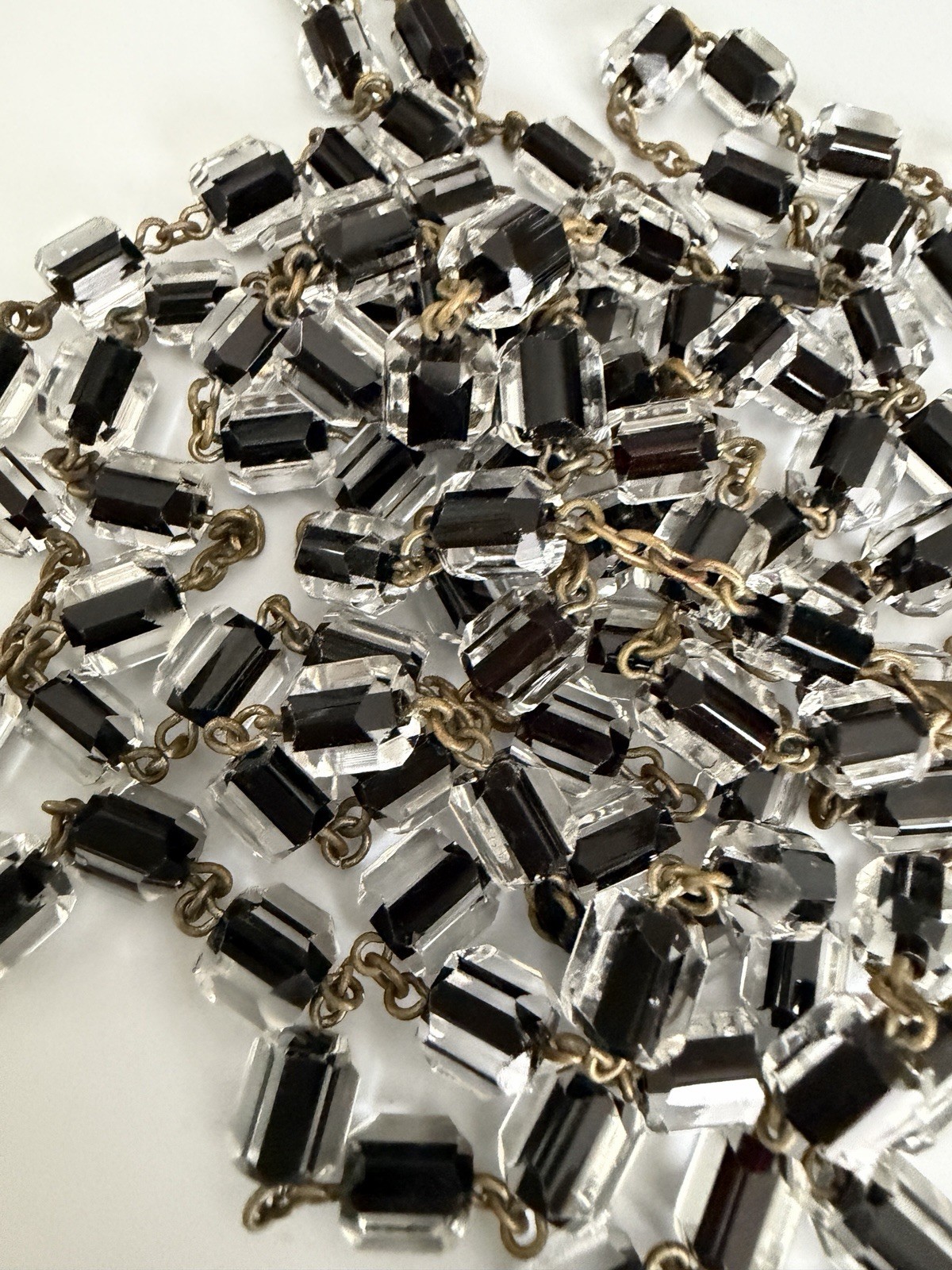 Antique Czech Jet Black & Clear Geometric Glass Bead 60″ + Extra Long Necklace