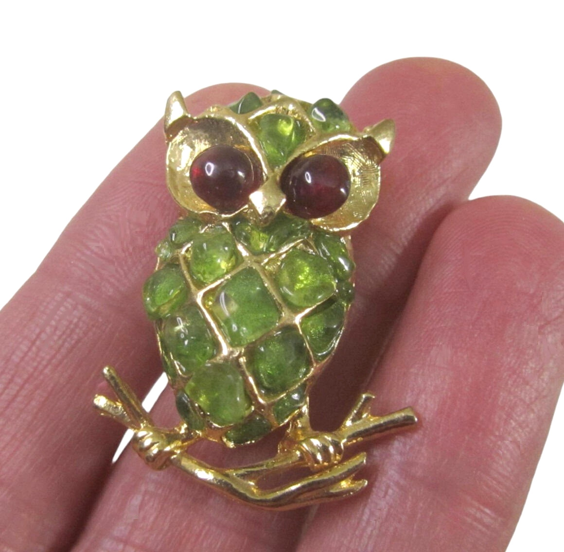Gold Green Peridot Swoboda Owl Brooch Gold Red Garnet Eyes Signed Bird Pin vtg