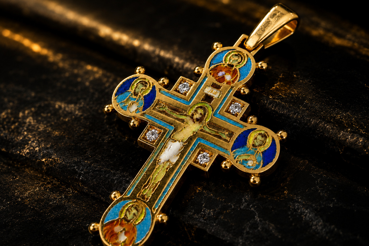 Antique Byzantine Revival Cross Pendant 18K Gold Enamel 4 Diamond Rare Religious