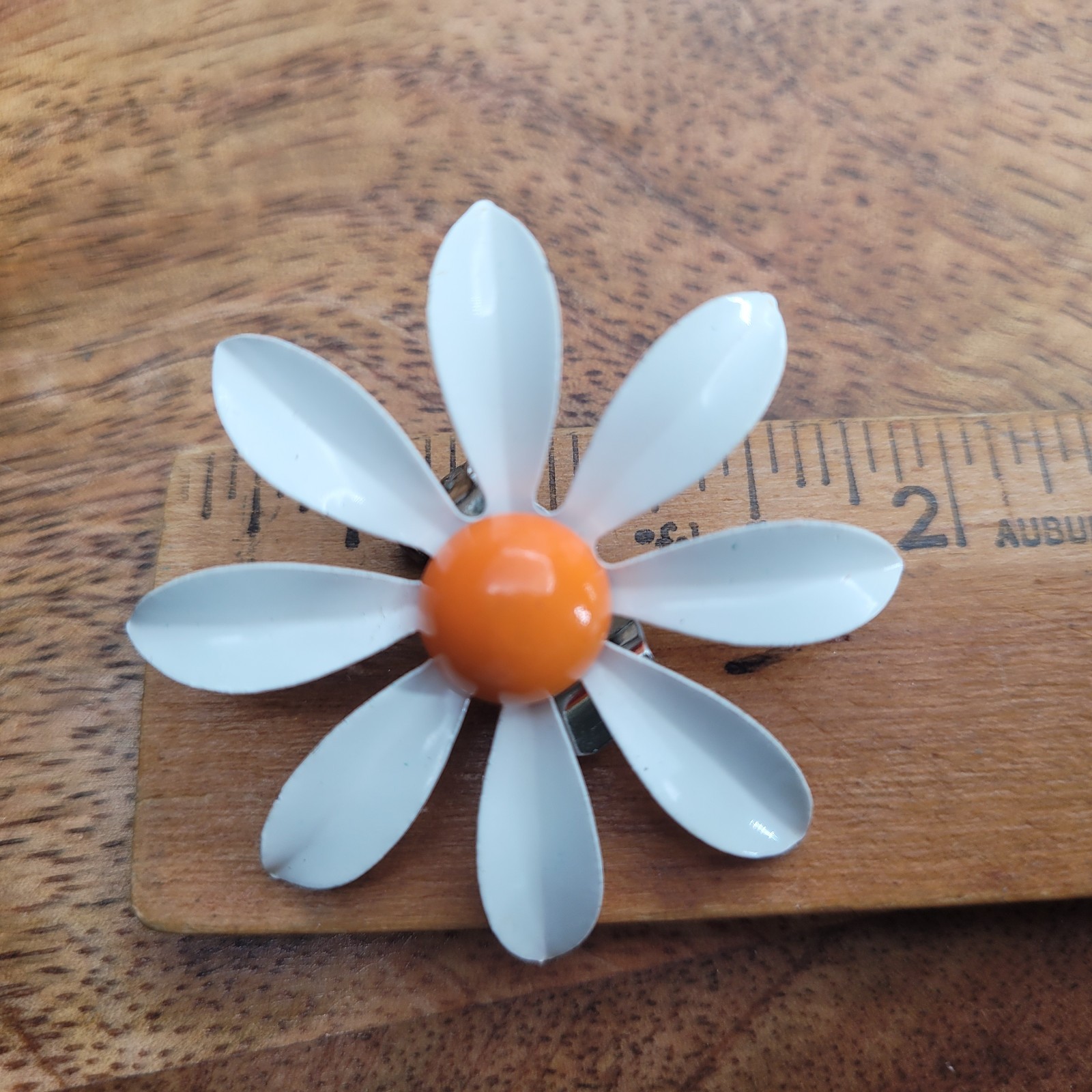 Vintage 1960s Enamel Daisy Clip-On Earrings White Orange Metal Flower Retro Mod