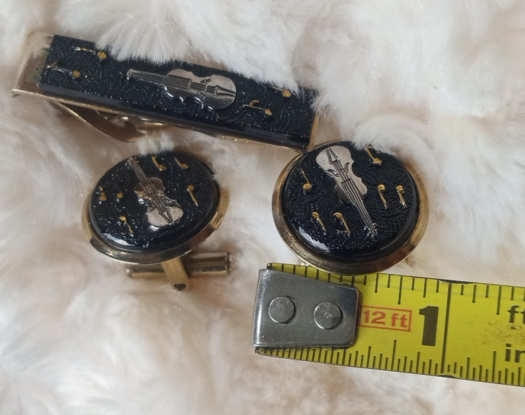 Vintage Men’s Guitar & Music Notes Cuff Links & Tie Clip