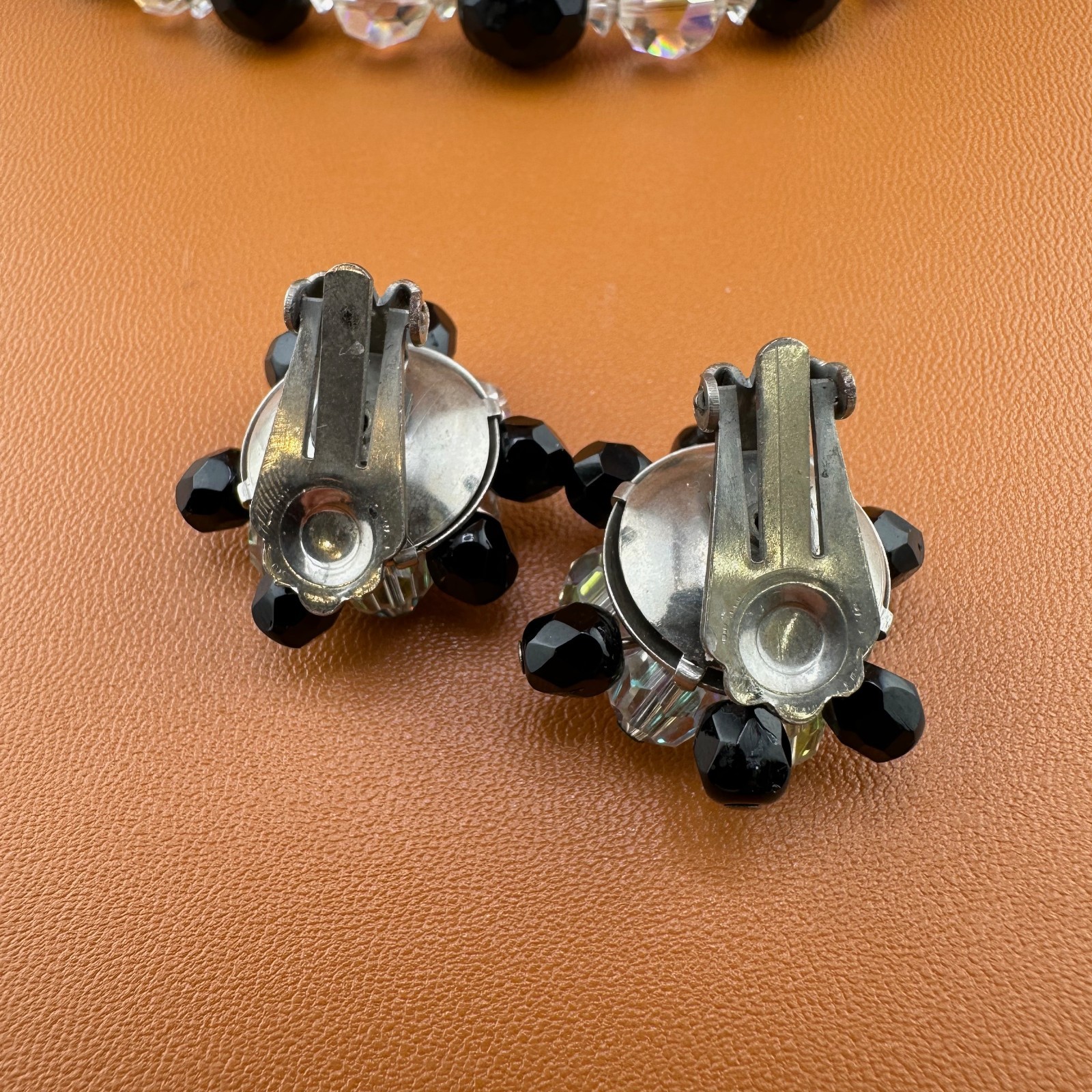 Vintage AB Crystal Bead Necklace Earrings Set Triple Strand Black & Clear 15″