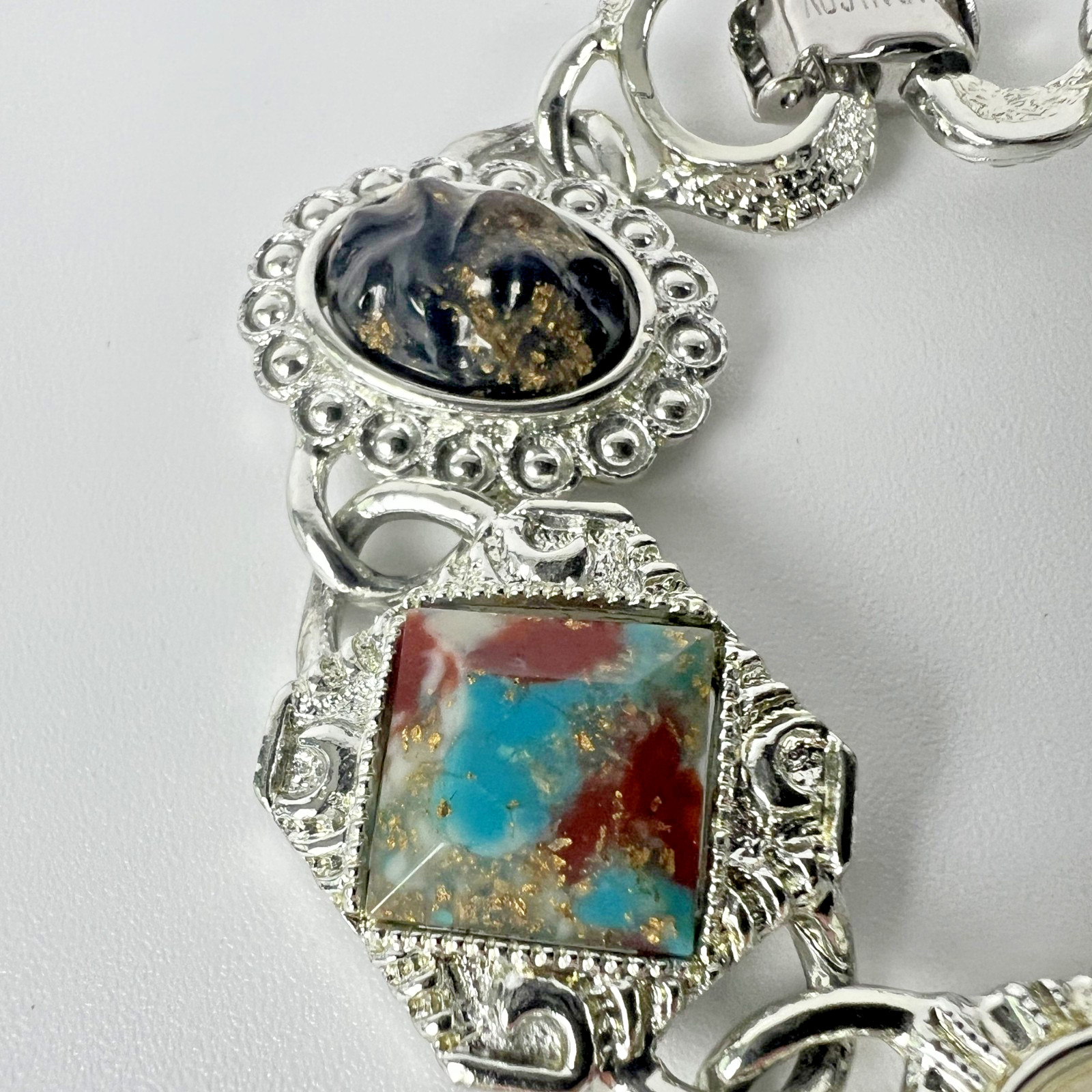 Sarah Coventry Multi Stone Bracelet Silver Tone Faux Pearl Cabochon Vintage