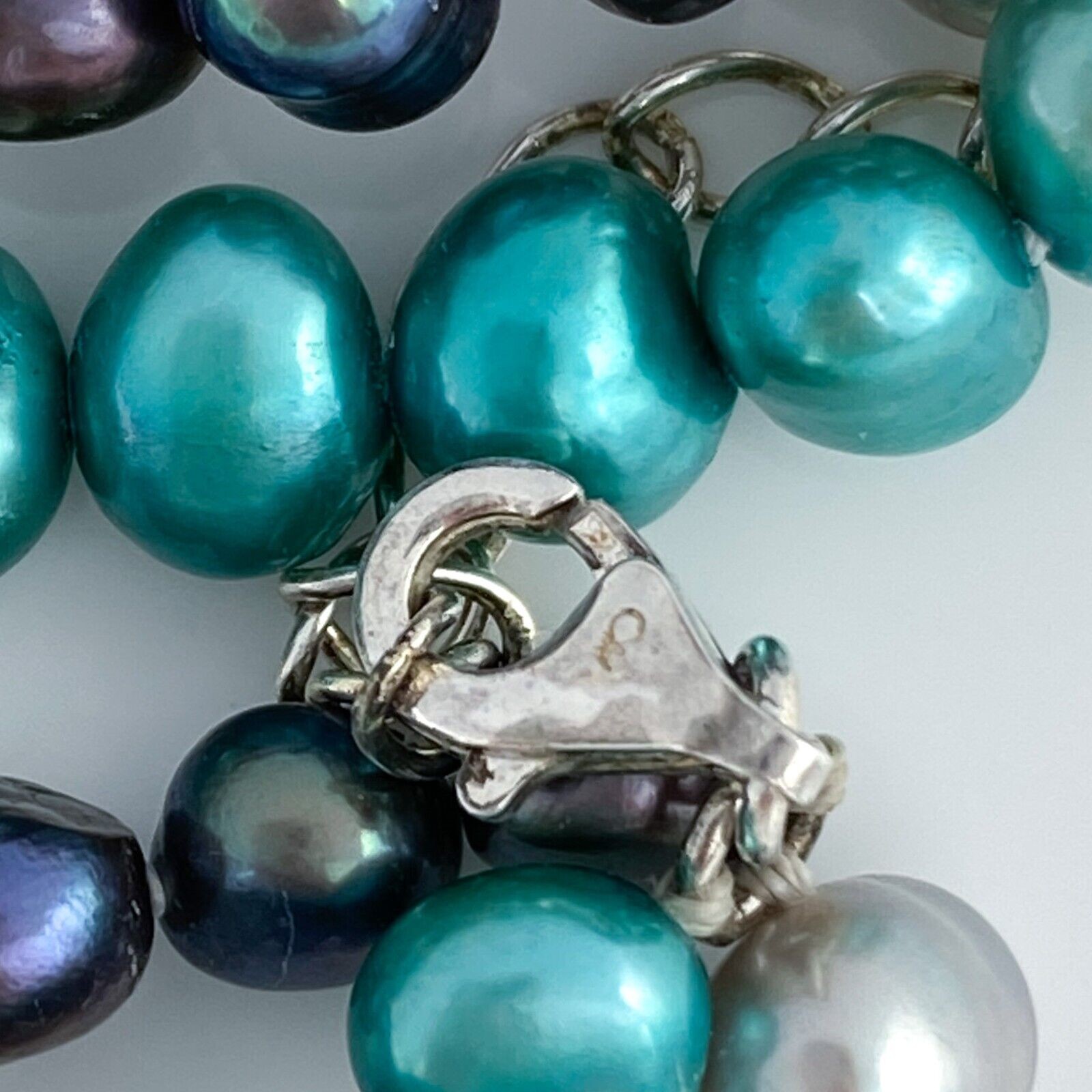 Vintage Sterling Silver 925 Purple Gray Blue Pearl Necklace 17″-18.5″