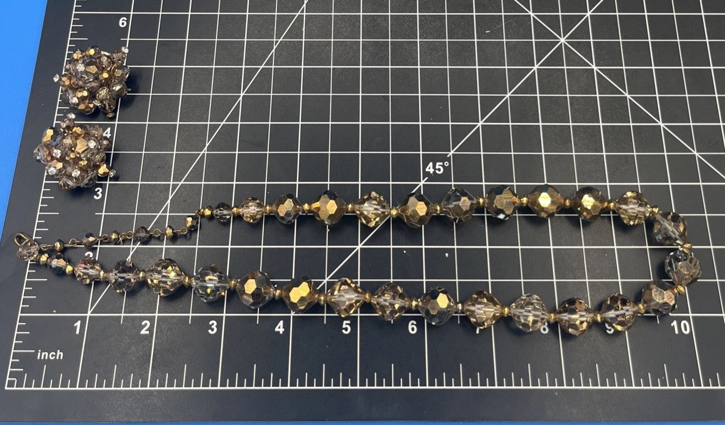 Vintage Faceted Glass Bead Necklace & Clip Earrings Set – Elegant Retro Jewelry