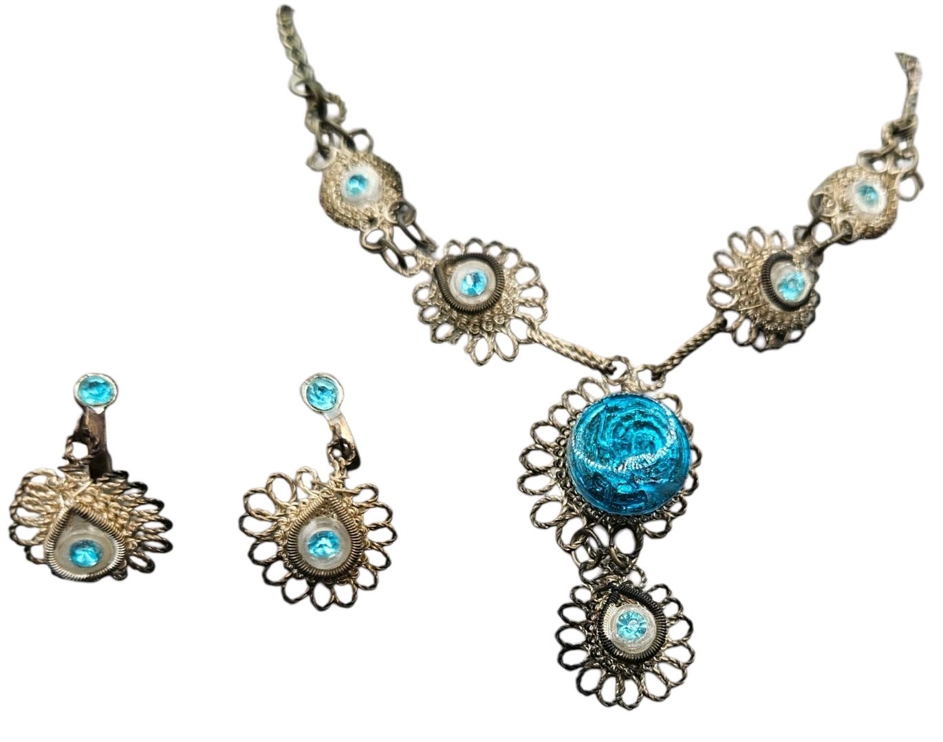 Antique Cannetille Spun Silver Necklace Blue Art Glass Screw Back Earrings Set