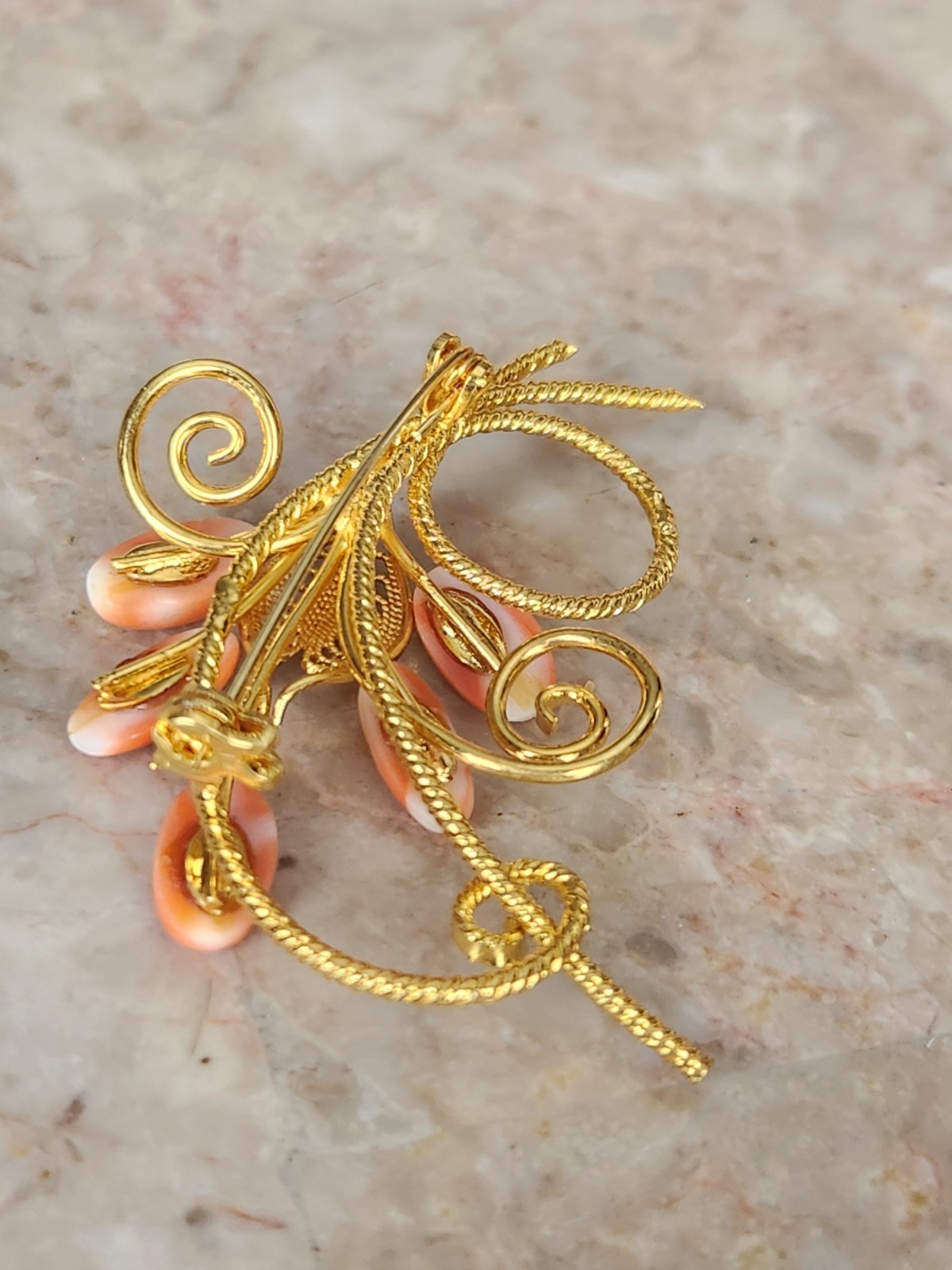 Vintage Angel Skin Coral Oblong Stones Goldtone Cannetille Flower Spray Brooches