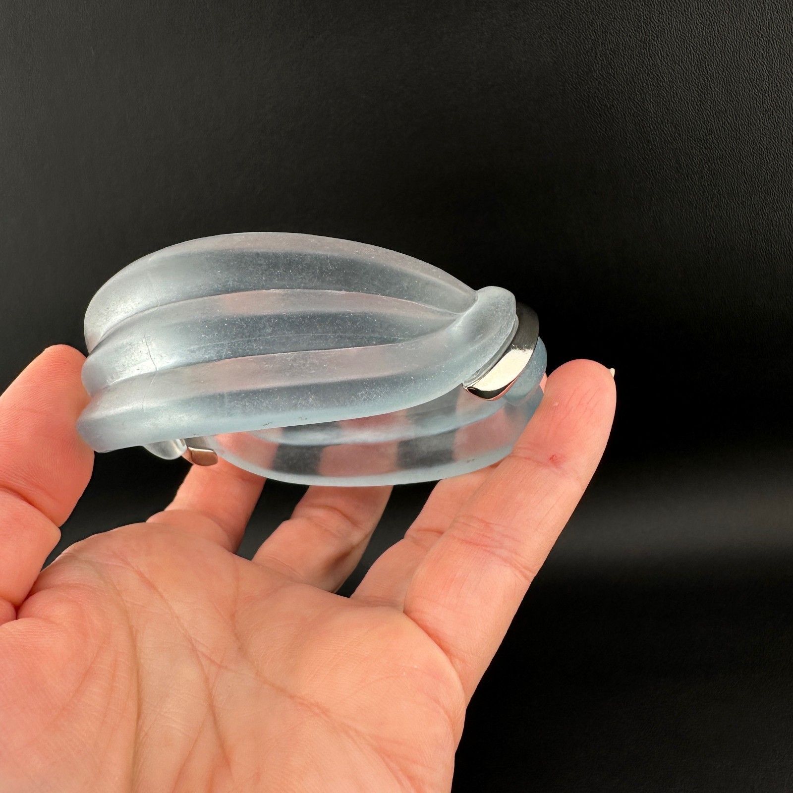 Vintage Lucite Bangle Bracelet Frosted Baby Blue Ribbed Dimensional Wave Signed