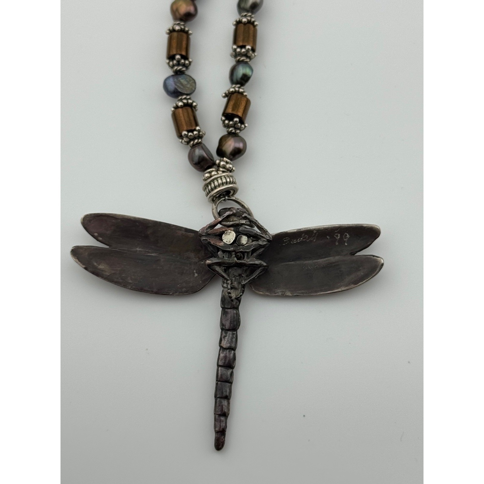 Vintage 1999 Robert Bob Burkett Signed Dragonfly Pendant Beaded Pearl Necklace