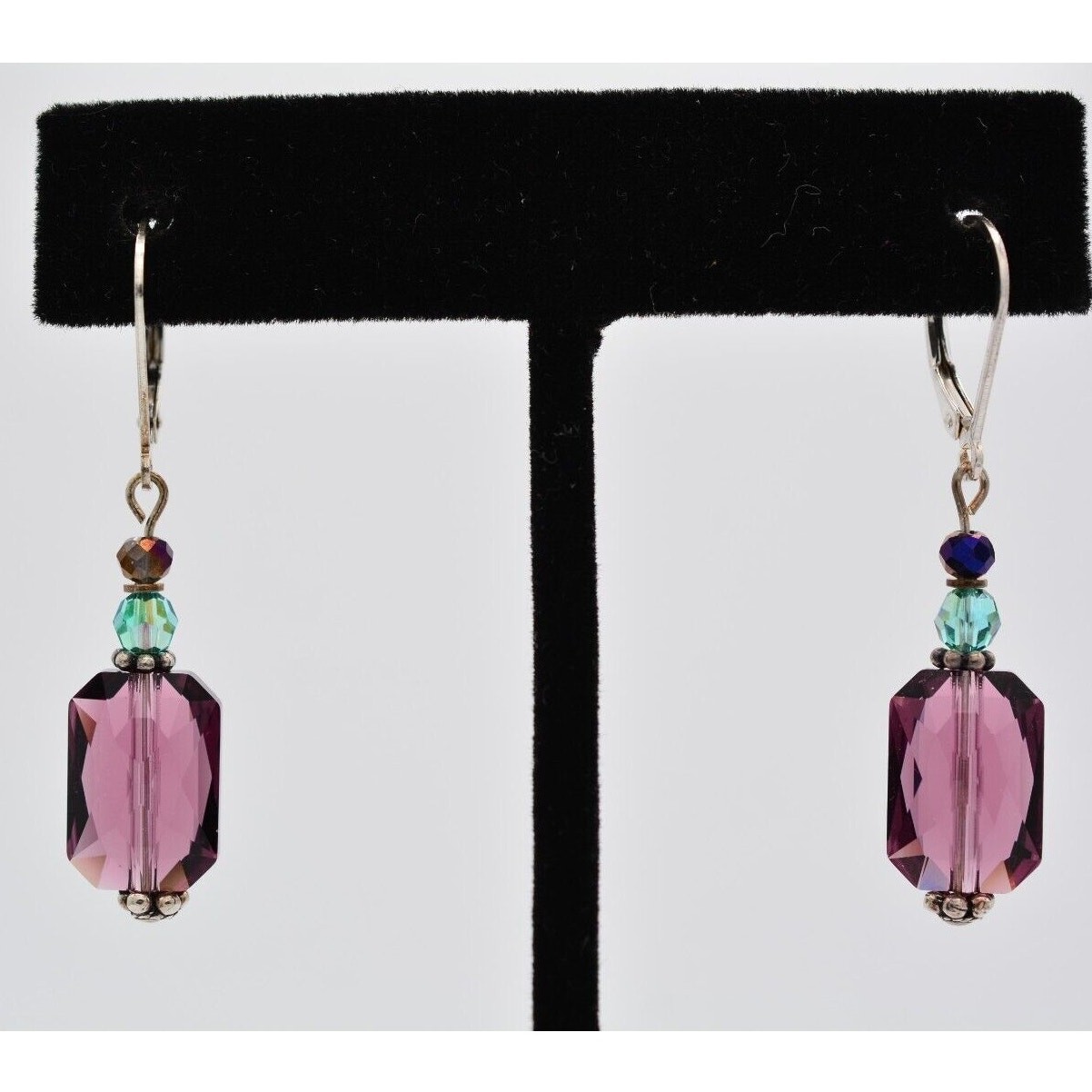 Vintage Crystal Dangle Earrings 925 Sterling Silver Purple Blue Beaded 1980s 9I
