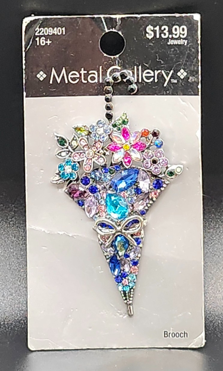 Metal Gallery Umbrella Brooch Silver with Multicolor Stones