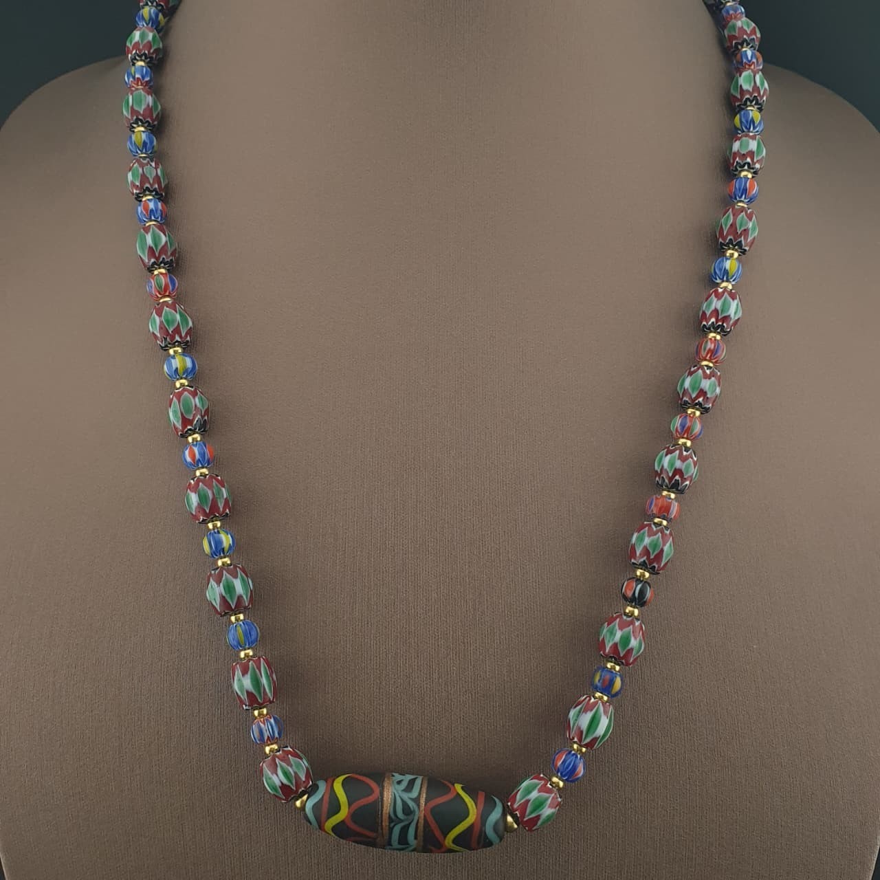 Vintage Venetian Style Multicolor Chevron Glass Beaded Necklace | 24in 8.7–39mm