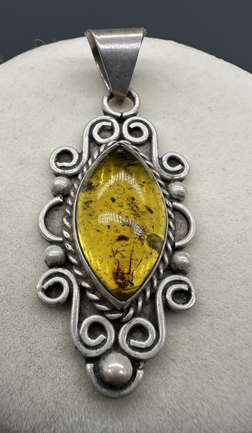 Vintage Sterling Silver Pendant Amber Resin Cabochon Boho Scroll Marquise 2”
