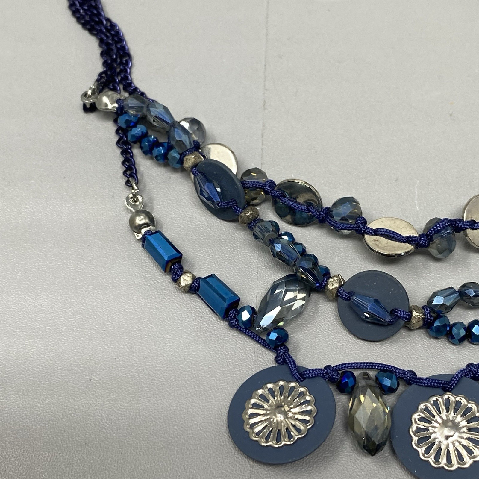 Blue Fringe Glass Beaded Necklace Layered Enamel Faceted Coated Bohemian 18″