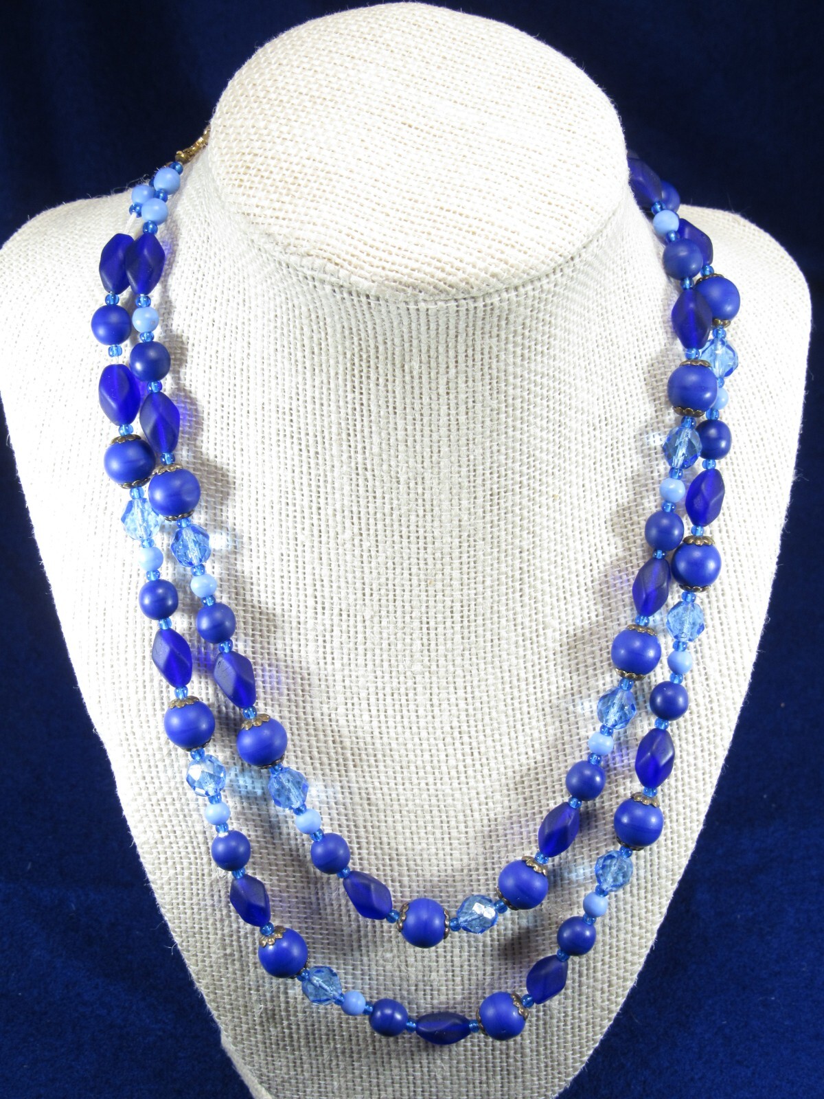 Vintage Blue and Purple 2 Strand Art Glass Bead Necklace with Sea Glass Finish.