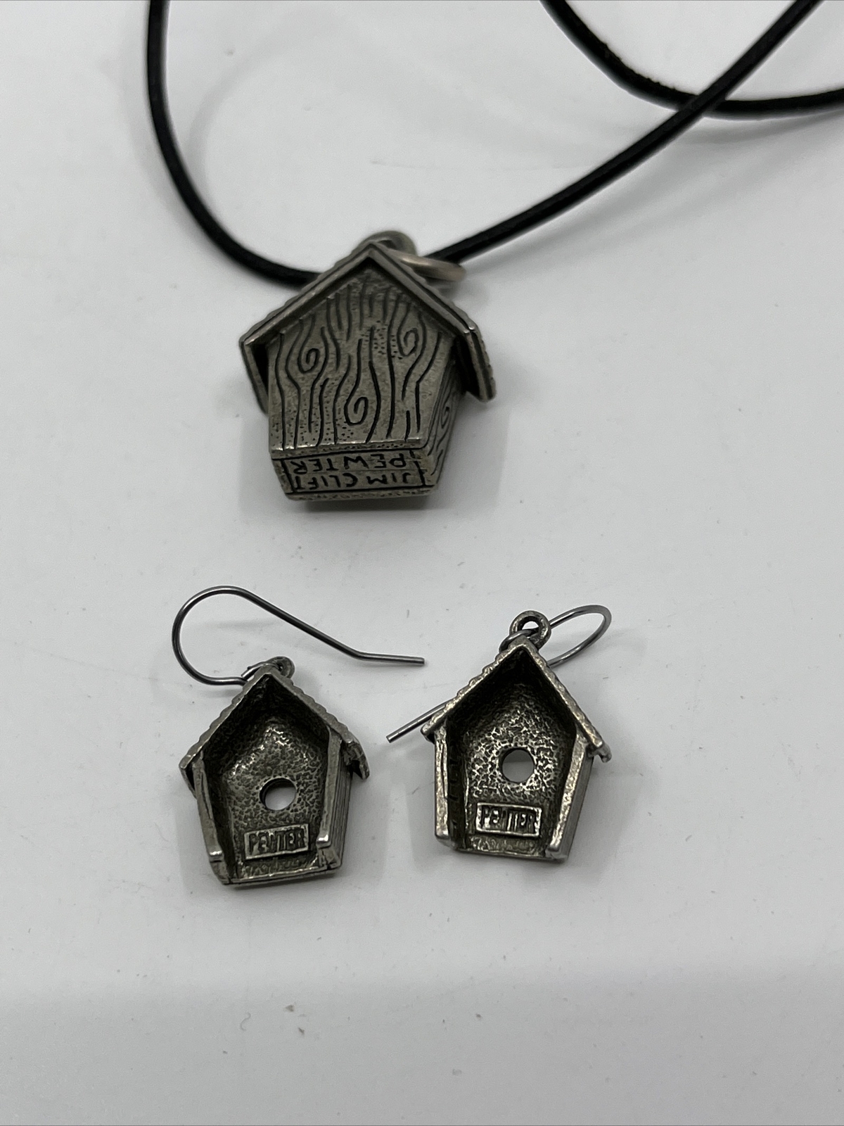 Vintage Estate Jim Clift Pewter Birdhouse Pendant & Pierced Earrings Set