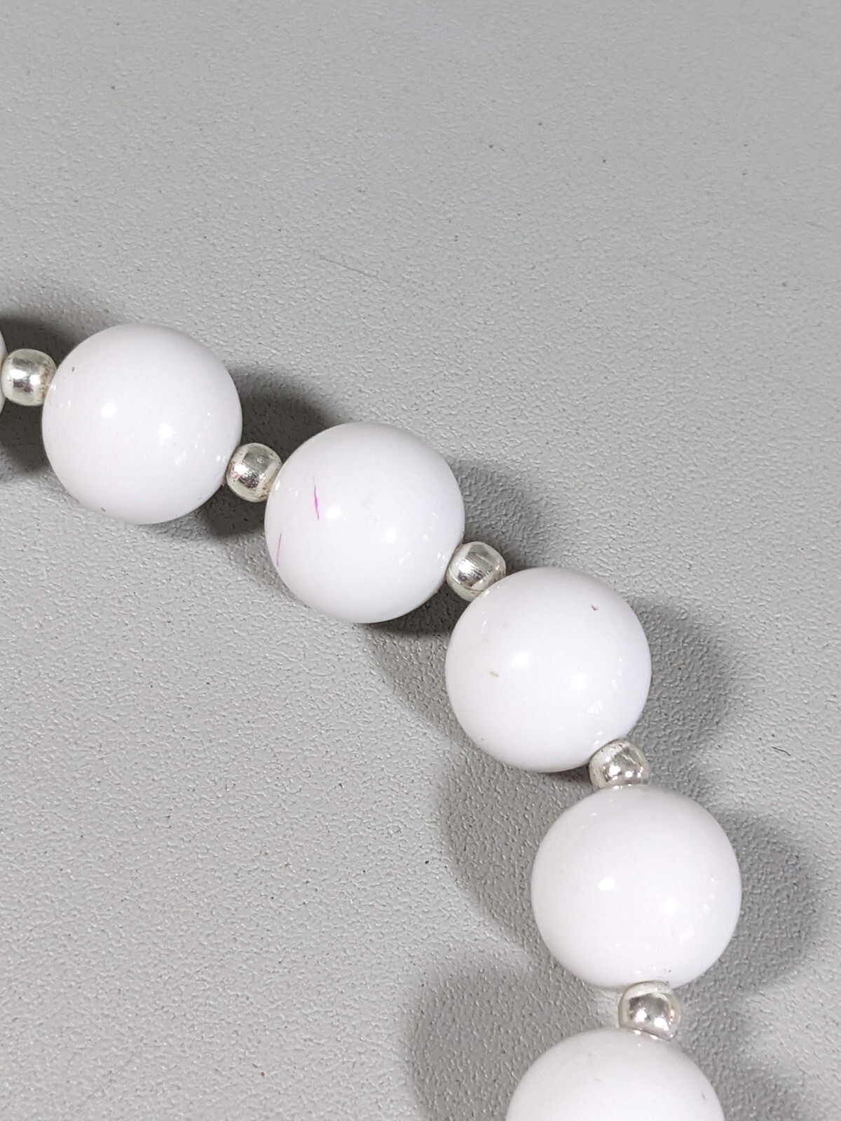 Silver Tone White Round Acrylic Bead 15mm Chunky Necklace 17.5 inches