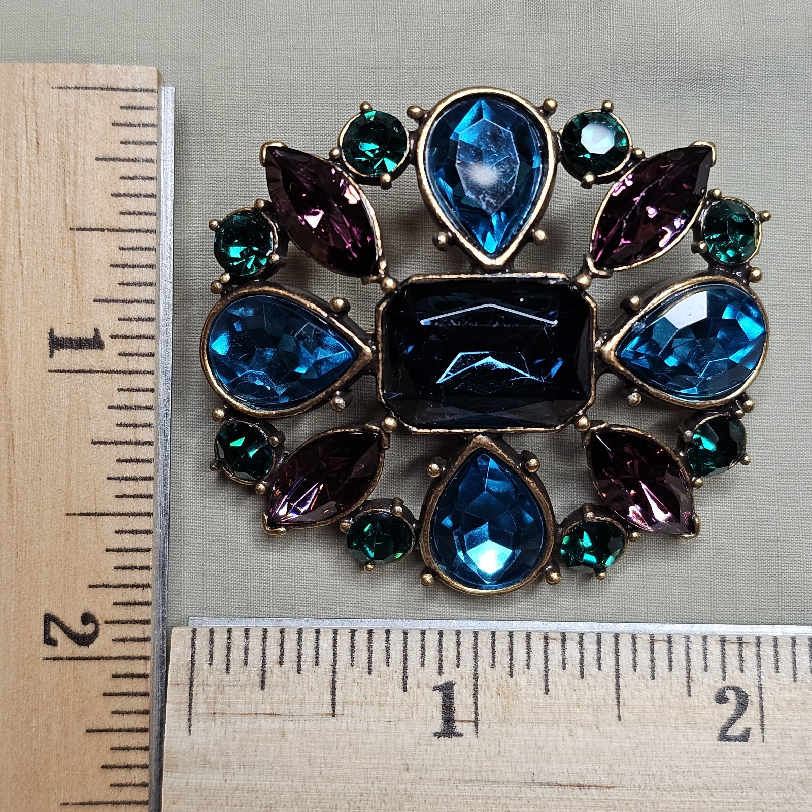 Victorian Style Gold Tone Blue, Green & Violet Rhinestone Brooch Pin