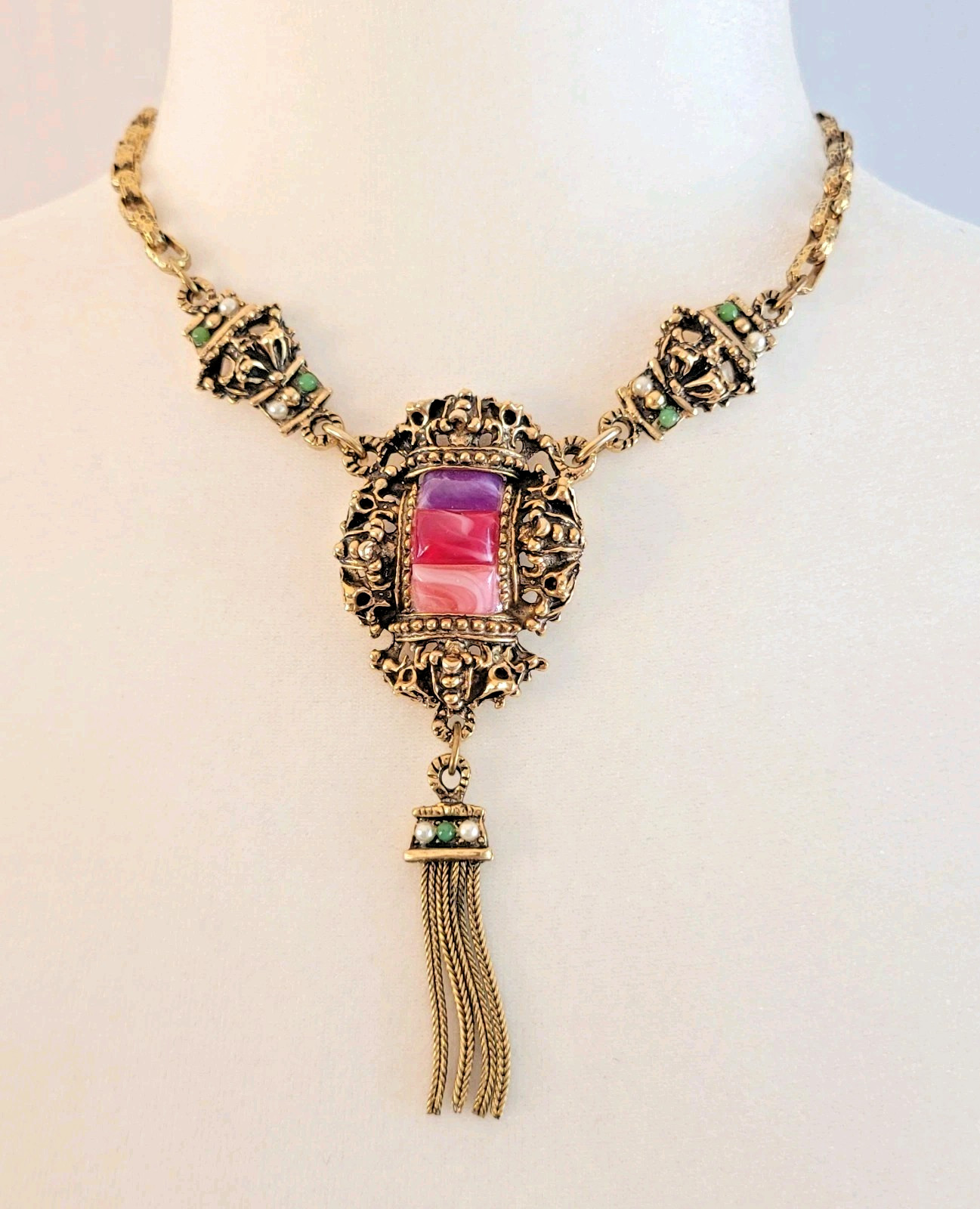 Vtg Selini Pink Purple Confetti Lucite Necklace Earring Set *Unsigned* Victorian