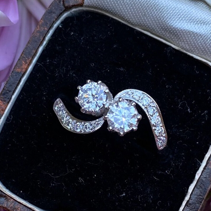 1 Ctw White Round CZ Victorian Two Stone Crossover Toi et Moi Ring In 925 Silver