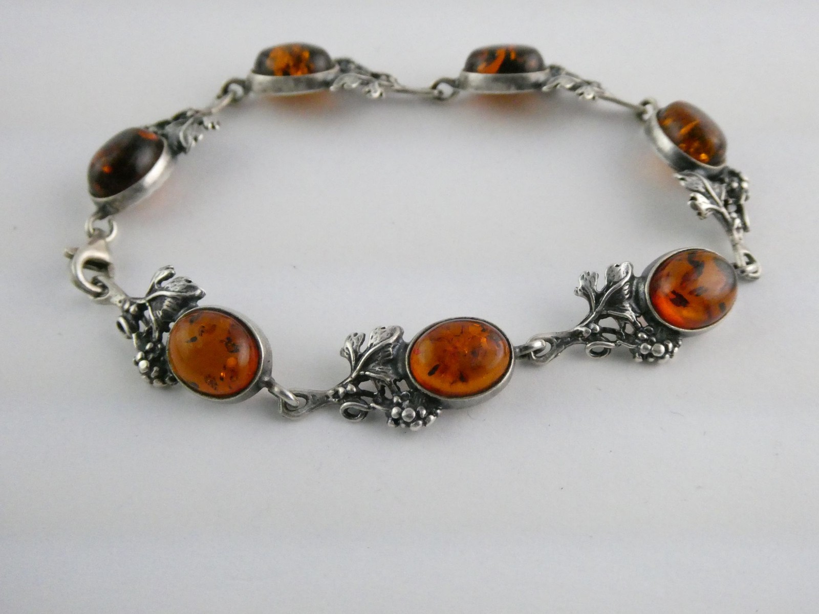 Vintage Sterling Silver Amber Cabochon Grape Vine Link Bracelet 925 7.25In 10.6g