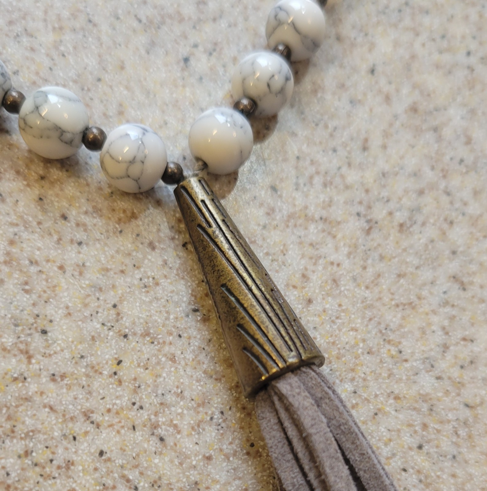 Gray Leather Tassels And Brass Pendant On Braided Beaded 32in Cord Necklace
