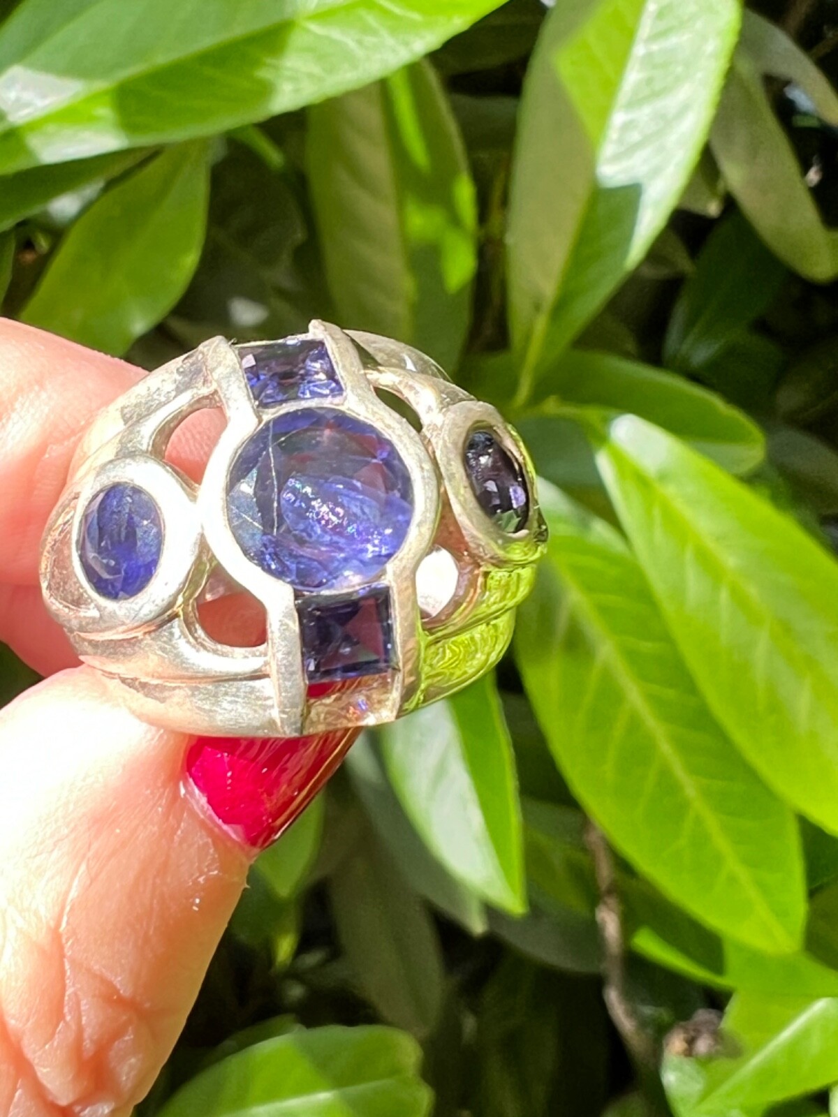VINTAGE TANZANITE & IOLITE WIDE BAND RING 925 STERLING SLVER UNIQUE HEAVY CHUNKY