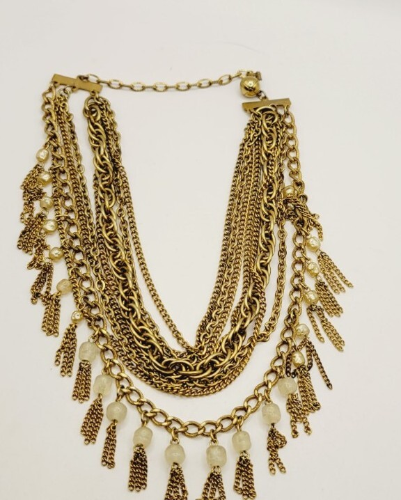 Fringe Necklace Vintage 8 Layers Layered Gold tone Multichain Beaded 16.5″