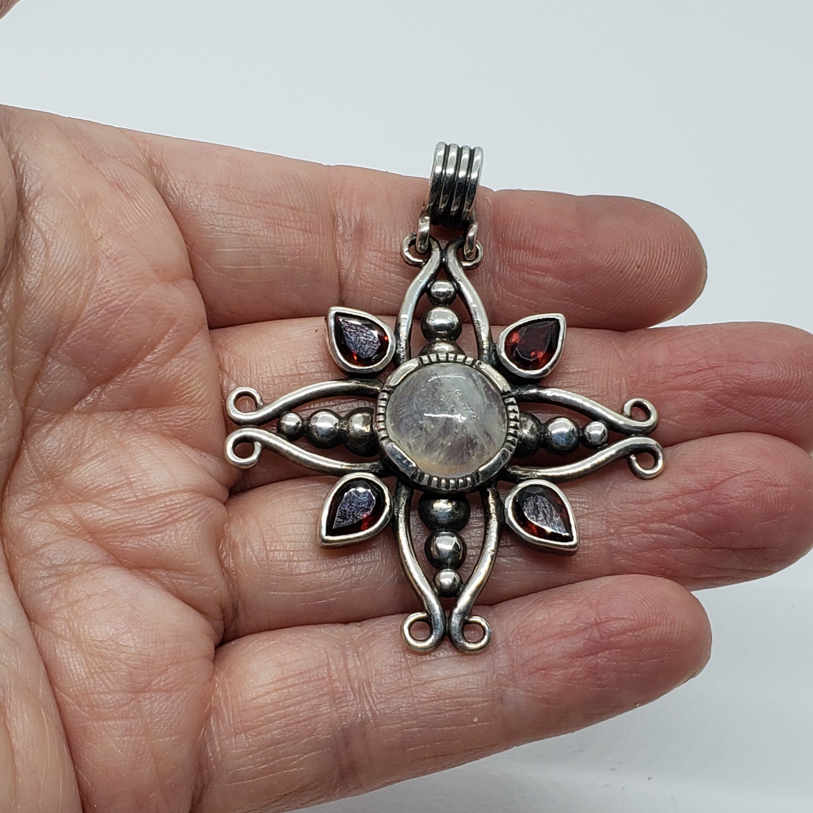 Vintage Kit Heath KTH Sterling Silver Filigree Labradorite 4 Red Stone PENDANT