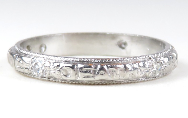 Rare Antique Platinum Diamond Vow Ring “Until Death Do Us Part” Size 5.5 UK-K1/2