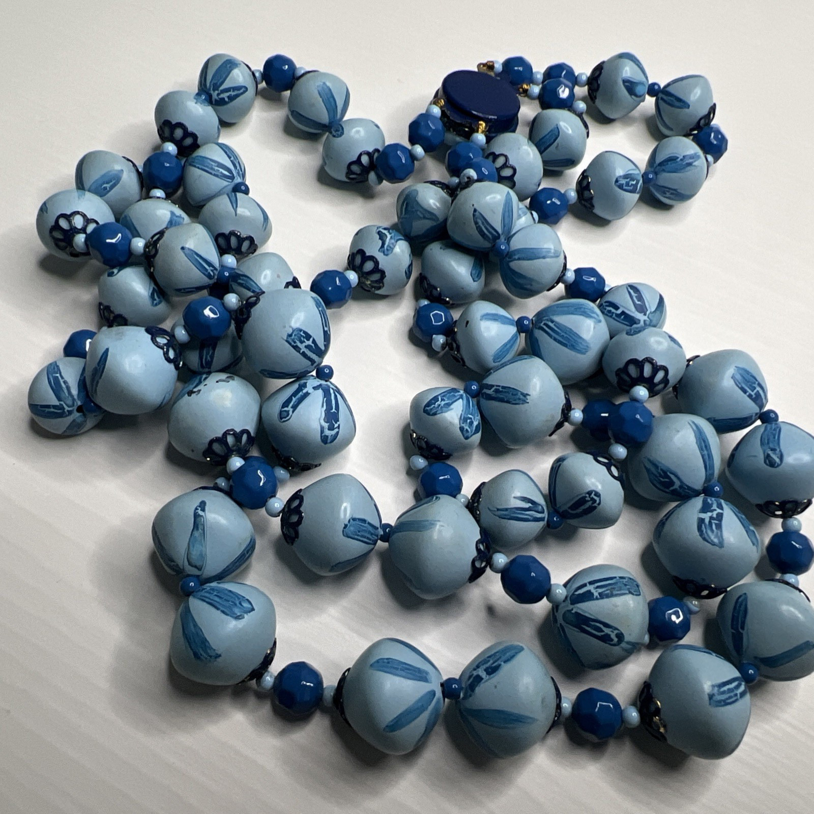 Hong Kong Blue Painted Bead Double Strand Necklace Box Tab Clasp