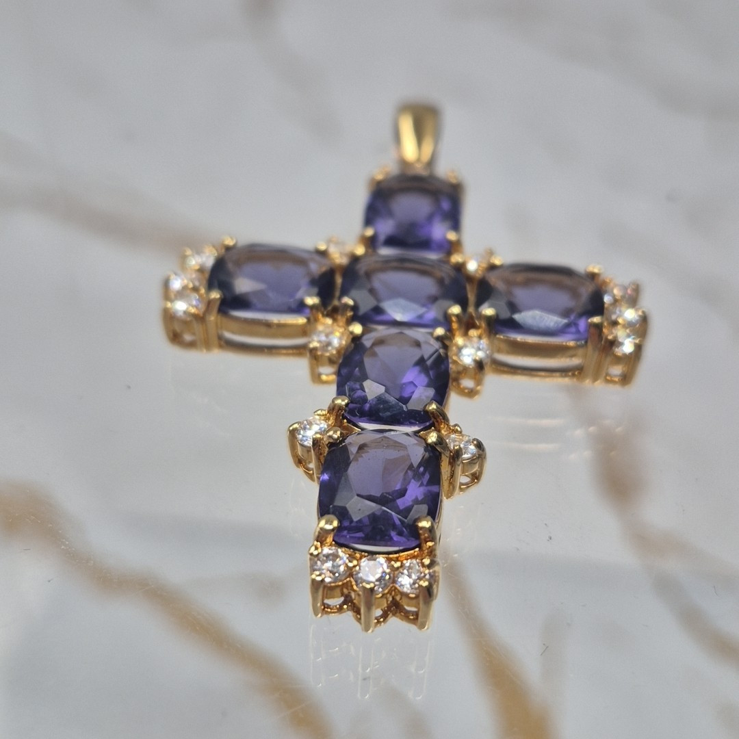 Vintage Sterling Silver 925 Gold Plated Cross Pendant Faceted Purple Stones Jtv