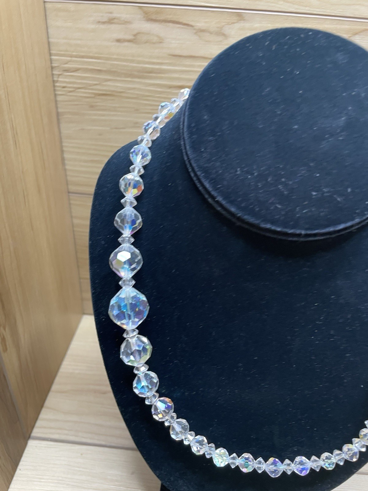 Vtg 1950s Aurora Borealis Crystal Bead Necklace AB Faceted Glass Floral Cluster
