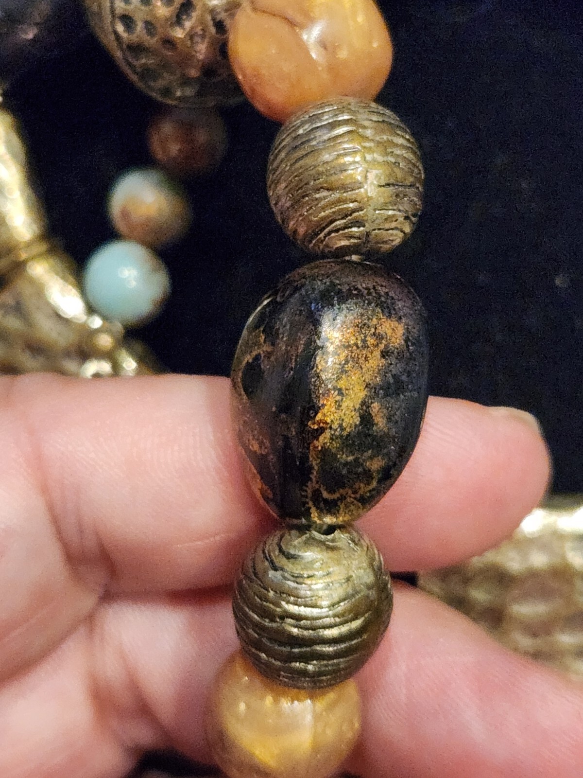 Vintage VCLM Branded Bib Beaded Metal Necklace Silvertone Gold Blue Peach Brown