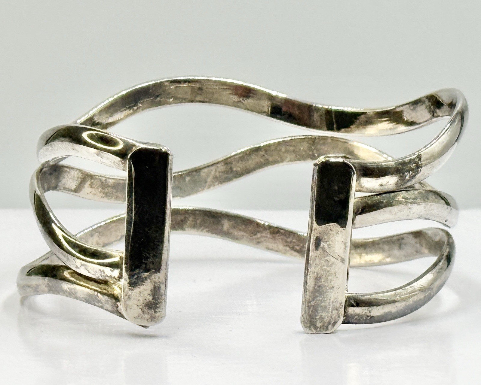 Vintage Bracelet Silver Plated Waves Adjustable Wide Sz 6.75 Tested