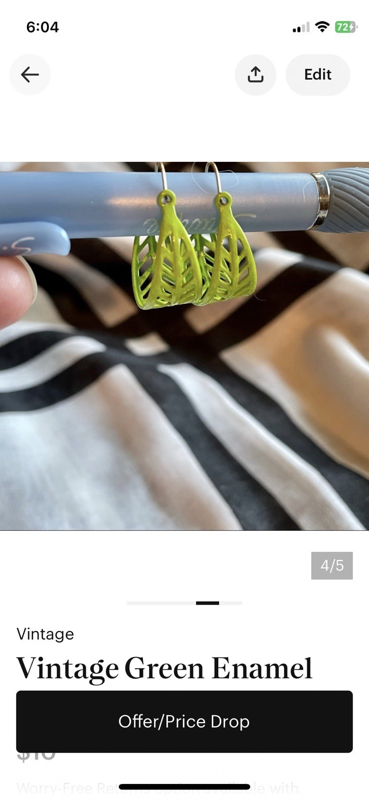 Vintage Bright Lime Green Enamel Cut Out Hoop Earrings