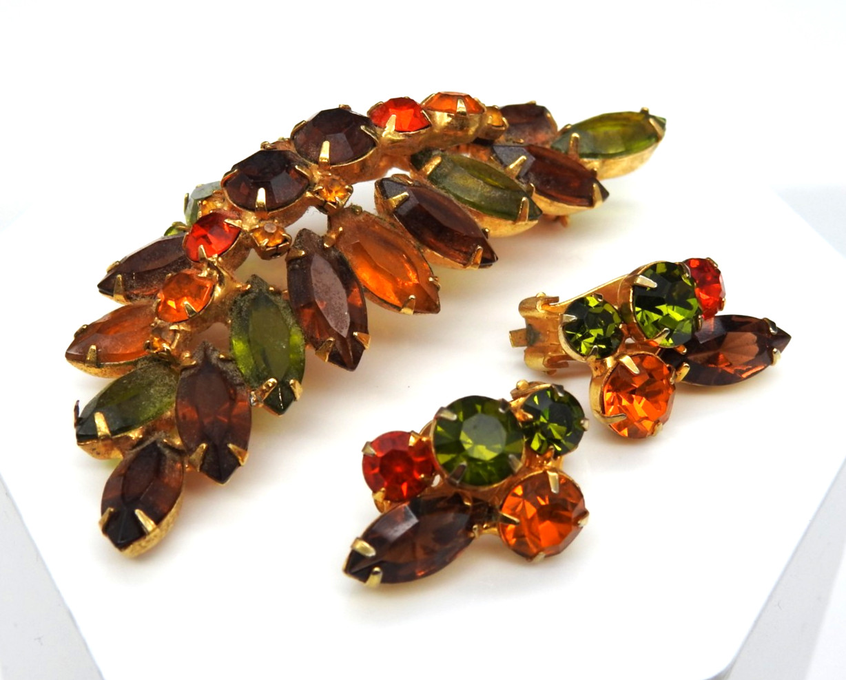 Juliana Rhinestone Brooch Clip Earrings Set Fall Colors Demi Parure Vintage