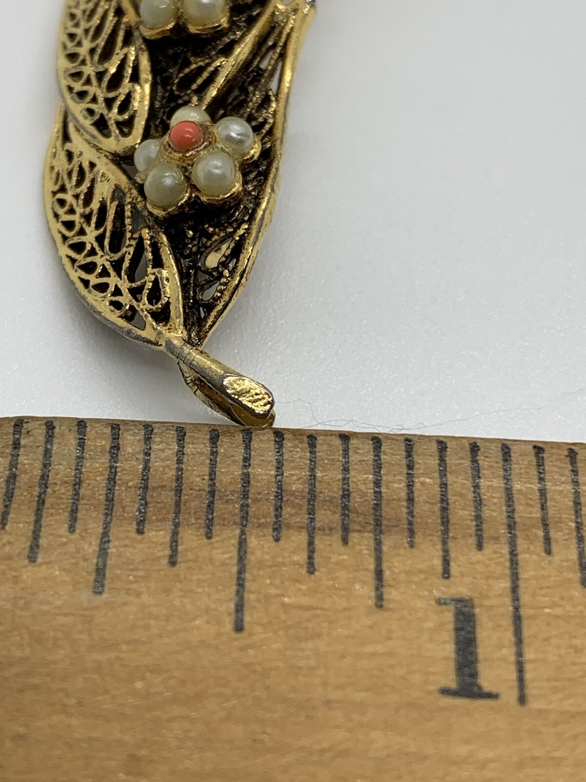 Vintage Tacoa Brooch Pin Gold Tone Filigree Seed Pearl Leaf Floral Costume READ