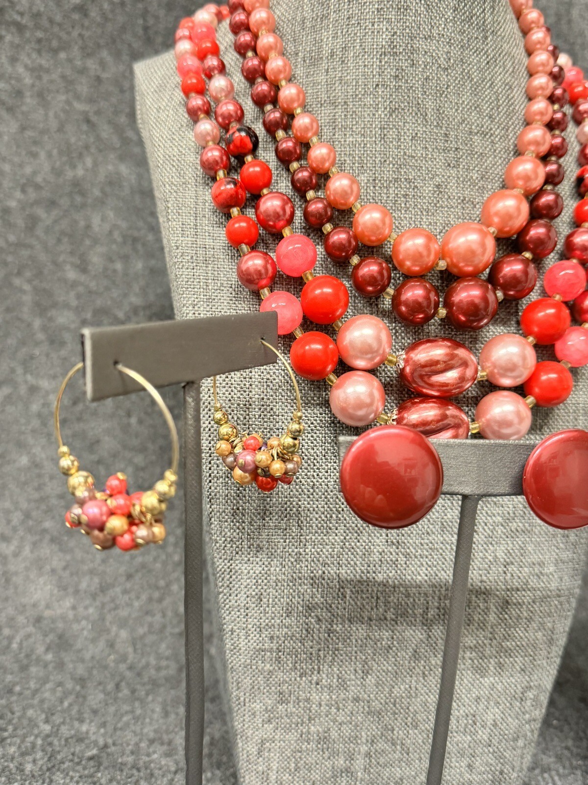Vintage Purple Pink Red Multi Strand Beaded Necklace Japan Plastic Earrings Ring