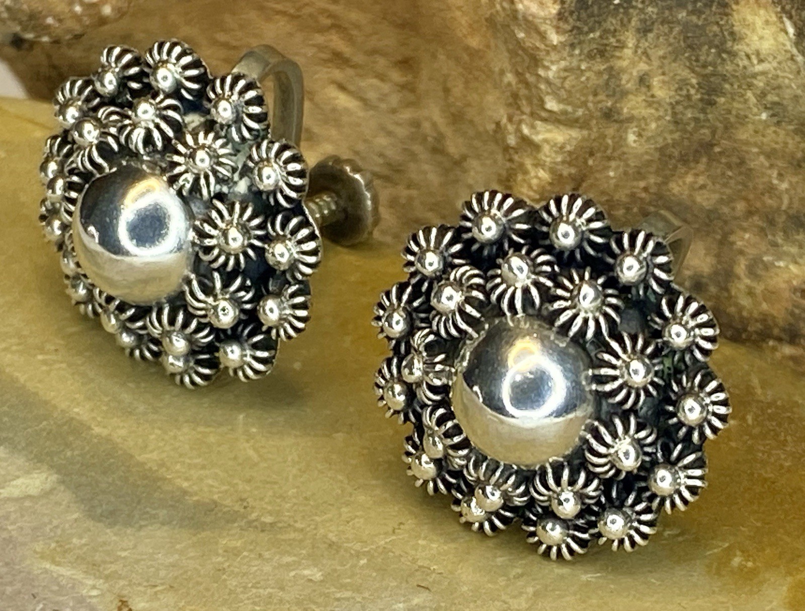 Vintage Mexican Sterling Silver 925 Mid-Century Brutalist Screw Back Earrings