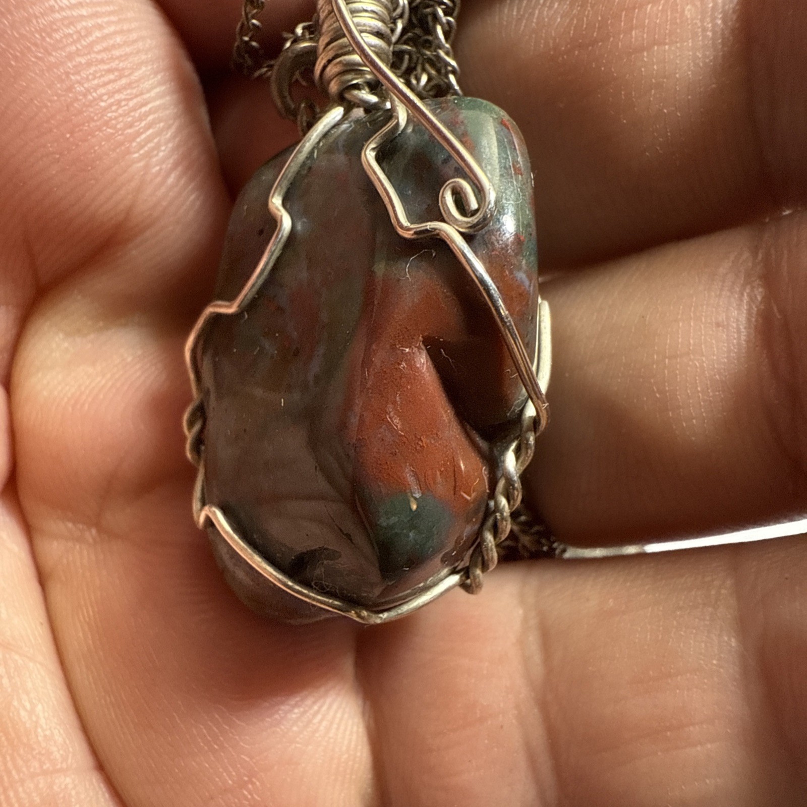 Necklace Bloodstone Big 25ct Solitaire Vintage Sterling Silver 18” Chain